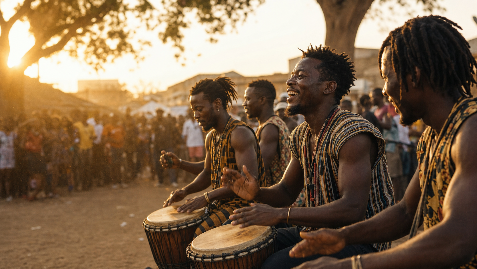 Ghanaian drummers performing at a street festival in Accra during golden hour