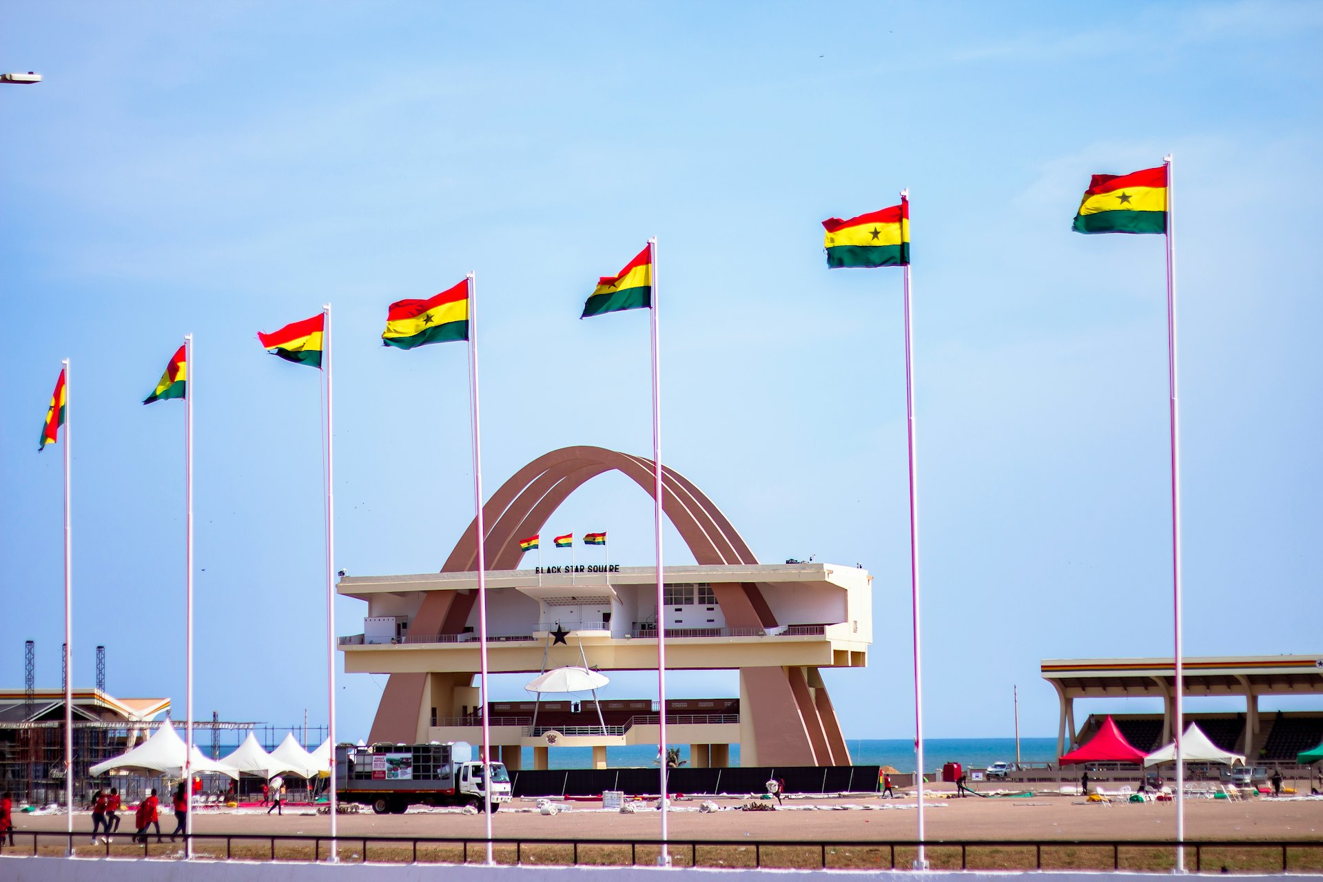 Ghana flags flying at Black Star Square (Independence Square) in Accra